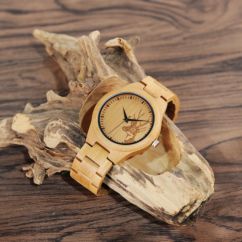 Reloj analógico de madera para hombre, accesorio de pulsera de cuarzo, diseño de alce de bambú.