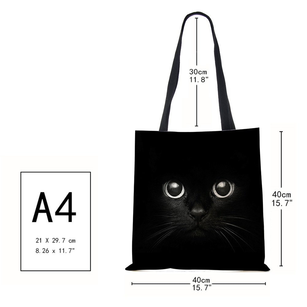 Bolso de mano de diseñador para mujer, bolsa de mano de tela de lino con estampado de gato ecológico, bolso de hombro informal reutilizable.