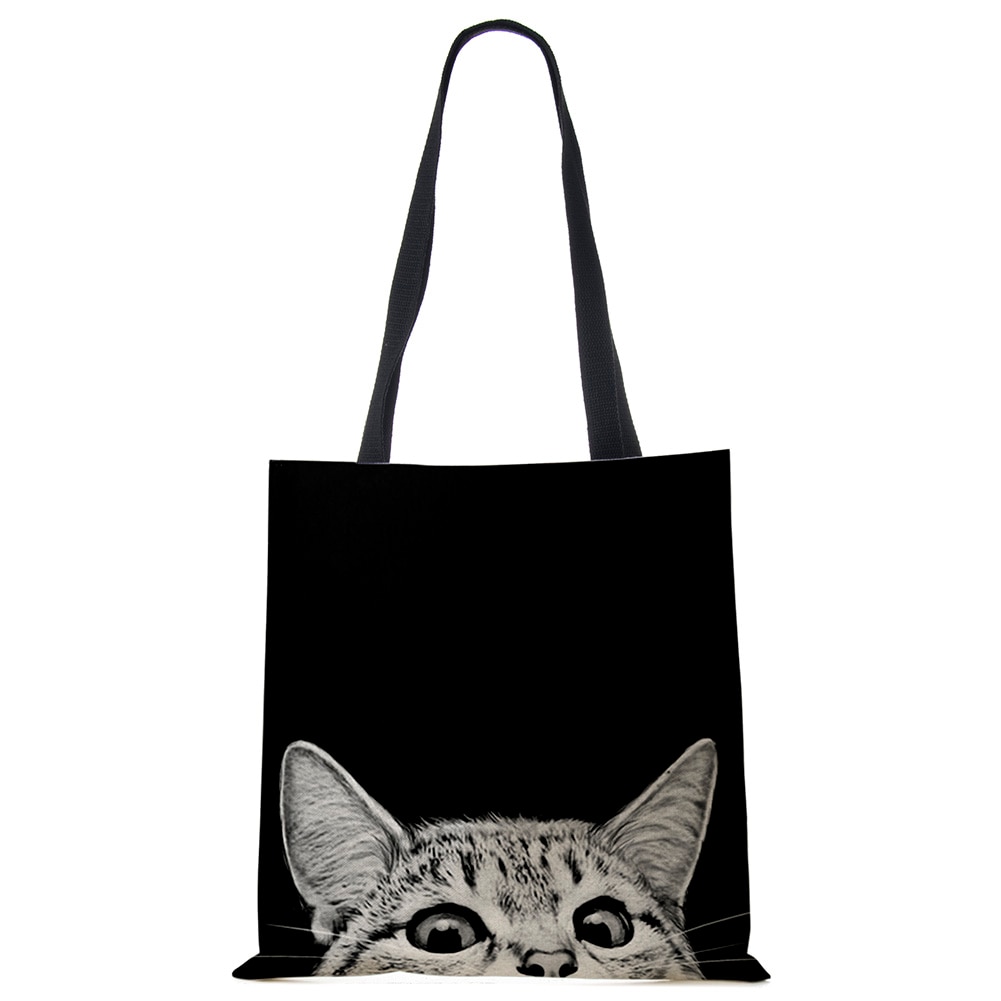 Bolso de mano de diseñador para mujer, bolsa de mano de tela de lino con estampado de gato ecológico, bolso de hombro informal reutilizable.